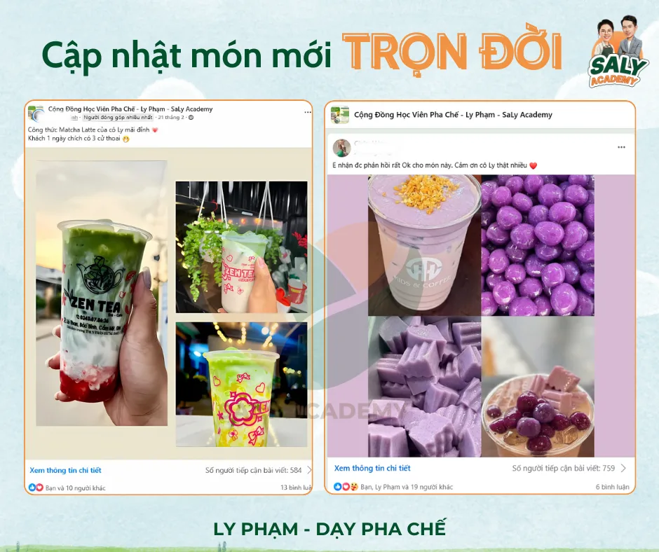 Bài đăng học viên khoe món matcha latte bán chạy trong cộng đồng học viên pha chế Ly Phạm