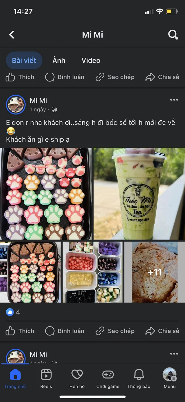 Bài đăng của học viên Mi Mi với khay topping chân mèo tại quán Thảo Mi Trà Sữa - Ăn Vặt