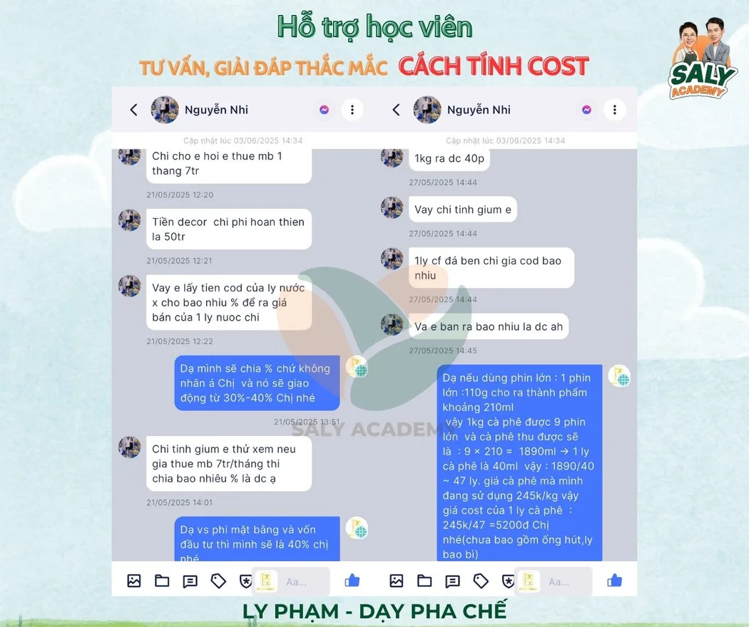 Tin nhắn học viên được hướng dẫn cách tính cost một ly nước và tỉ lệ phần trăm giá vốn