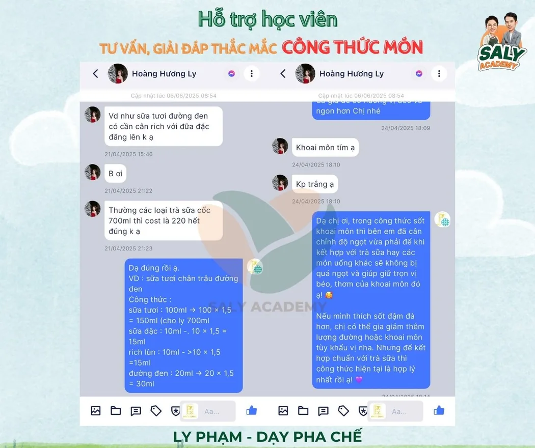 Tin nhắn học viên được trợ giảng giải đáp công thức sốt khoai môn và cách kết hợp trà sữa