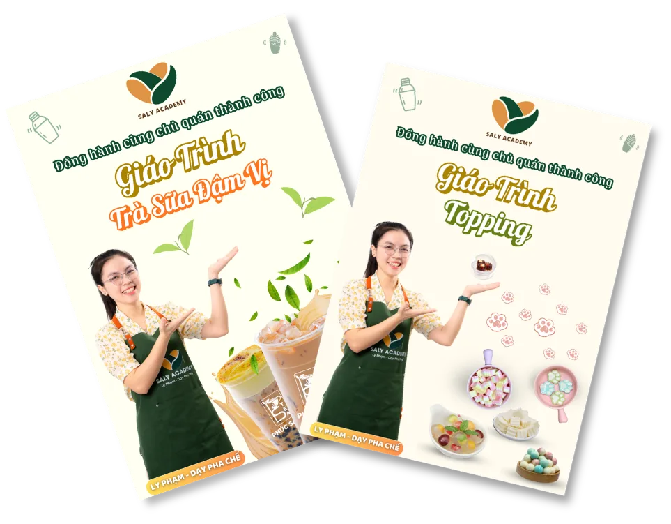 Bìa hai cuốn giáo trình Trà sữa đậm vị và giáo trình Topping của Ly Phạm - Dạy Pha Chế