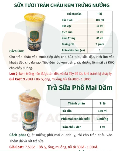 Trang giáo trình hai công thức Sữa tươi trân châu kem trứng nướng và Trà sữa phô mai dằm, mỗi công thức có bảng định lượng và giá cost