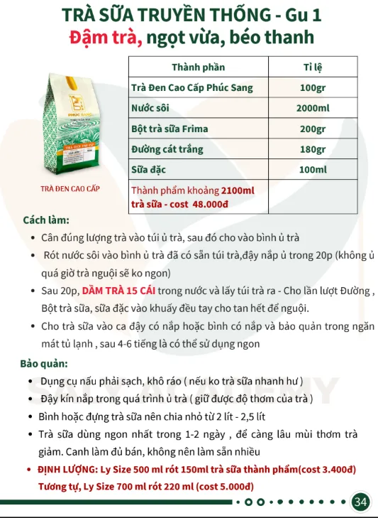 Trang giáo trình công thức trà sữa truyền thống có bảng định lượng và giá cost từng ly