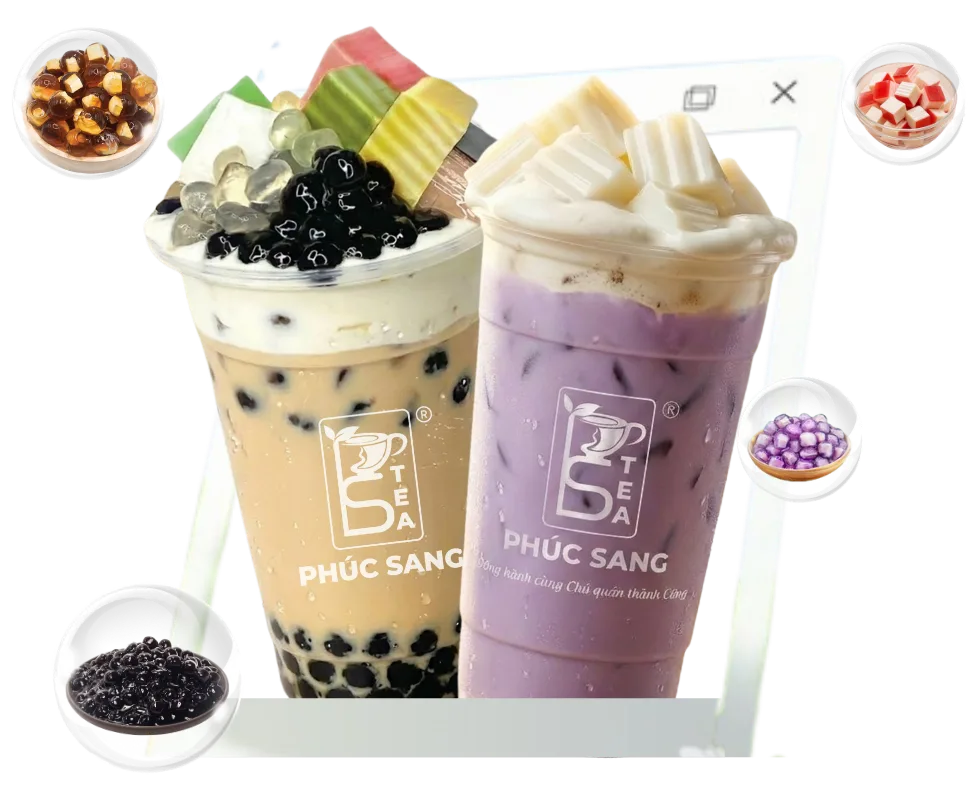Hai ly trà sữa trân châu và khoai môn cùng các loại topping của chuyên đề Trà sữa online